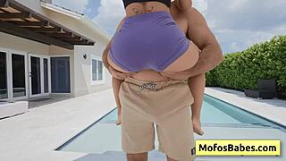 Sexy blonde teen slut reveals perfect round butt by the pool!