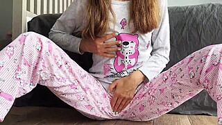 Teen in Pajama With Small Tits Masturbates Pussy to Squirting Close-Up