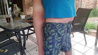 fucking my blonde neighbor's wife on the outdoor patio, her tight pussy dripping