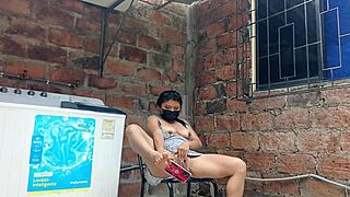 my slutty neighbor shows her pussy under her dress in the yard.