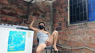 my slutty neighbor shows her pussy under her dress in the yard.