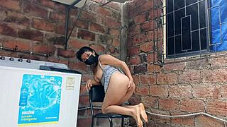 my slutty neighbor shows her pussy under her dress in the yard.