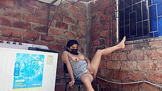 my slutty neighbor shows her pussy under her dress in the yard.