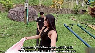 Risky outdoor blowjob with big-ass stepsister