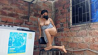 my slutty neighbor shows her pussy under her dress in the yard.