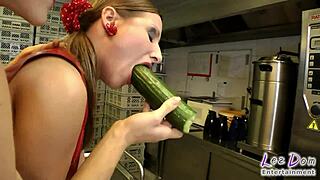 Latex slut is stuffed in the kitchen as punishment