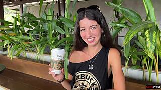 casual-narrative crazy cumwalk at starbucks with blowjob in public toilet sipping sperm coffee