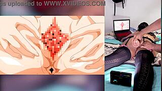 Reacting to hentai blowjobs with semen in throat and big tits, loving how stepbrother shows my panties.