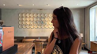 casual-narrative crazy cumwalk at starbucks with blowjob in public toilet sipping sperm coffee