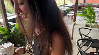 casual-narrative crazy cumwalk at starbucks with blowjob in public toilet sipping sperm coffee