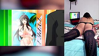 Reacting to hentai blowjobs with semen in throat and big tits, loving how stepbrother shows my panties.