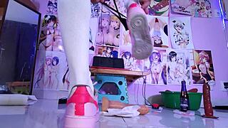 teen 18+ crossdressing with toys in miniskirt reaching orgasm, mexican ladyboy assfucking with big black cock