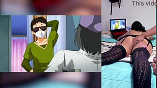 Reacting to hentai blowjobs with semen in throat and big tits, loving how stepbrother shows my panties.