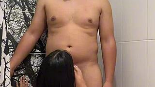 Colombian babe in dress gets showered with cum in mouth