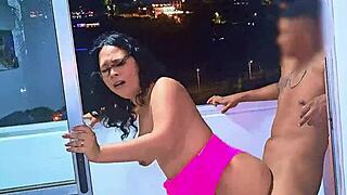 latina wife enjoys quickie on medellin balcony overlooking street