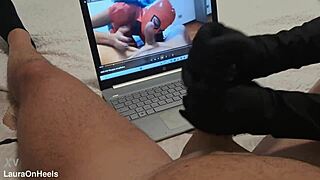 Milf handjob queen jerks big cock to cum on gloves POV