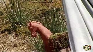 naughty outdoor striptease leads to brunette's juicy ass getting railed passionately