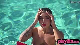 big ass stunning brunette strips naked to show off petite figure by the pool