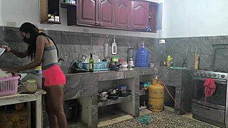 Housewives prepare lunch and touch each other sensually