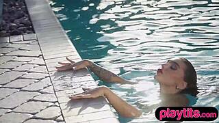 big ass stunning brunette strips naked to show off petite figure by the pool