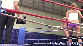 wild eurobabes having an intense wrestling fight in the ring.