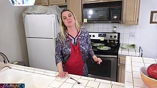 Stepmom milks stepson with handjob in the kitchen before his date.