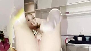 Brazilian blonde squirts hard during anal on living room table