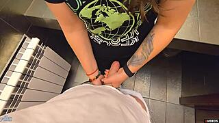 Cum in my tight pussy in public toilet