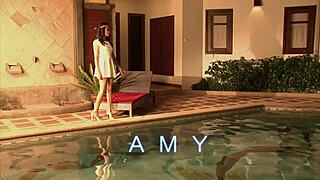 Amy's beautiful shaved pussy gets fucked doggystyle on the floor