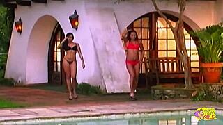 Redhead and Brunette in Bikini Have Kinky Lesbian Sex with Big Toy Outdoors