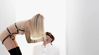 Hot blonde's deep anal contrasts with blindfolded lover.