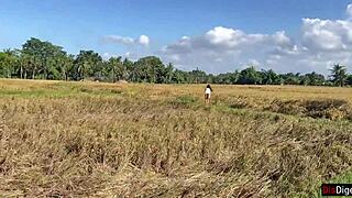 Cute rice picker trades work for rough outdoor sex. She rides with wild passion!  