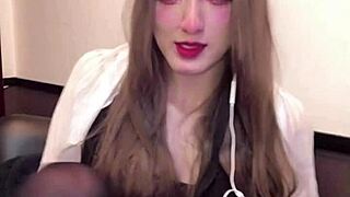 Cute Japanese shemale masturbates while streaming big tits.