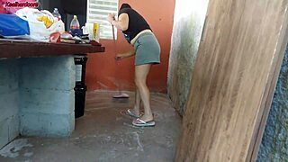 My wife left, so the hot maid grabbed my cock outside