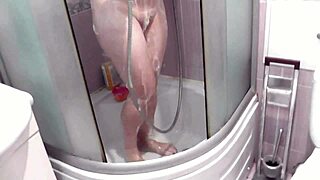 slut wife cheats in shower with neighbor doggystyle fuck creampie cumshot on natural tits