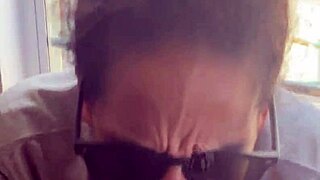 lightskin ebony slut step-sister gives blowjob by the window, gets cum on face as boyfriend searches