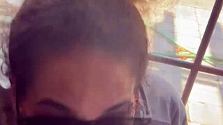 lightskin ebony slut step-sister gives blowjob by the window, gets cum on face as boyfriend searches