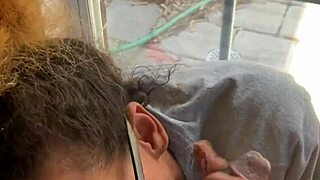 lightskin ebony slut step-sister gives blowjob by the window, gets cum on face as boyfriend searches