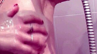 slut wife cheats in shower with neighbor doggystyle fuck creampie cumshot on natural tits