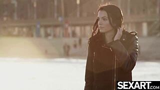 watch this stunning brunette babe masturbating to an orgasm with ripped clothes