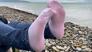 Beautiful nylon feet in jeans outdoor compilation