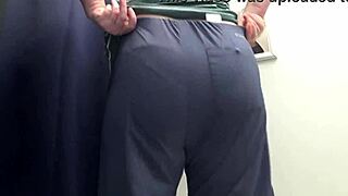 i watch this chubby milf pawg try on tight leggings over her big ass in white panties in the fitting room close-up