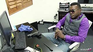 Shy blonde seduced to interracial sex by boss at interview