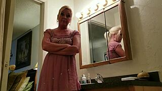 Blonde Wife Strips Shaved Pussy