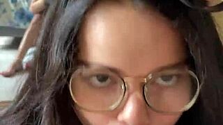 Nerdy brunette gives deep blowjob to Wellington Prado's big cock in shorts and jeans