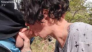 wife gives blowjob in the forest, swallowing deep