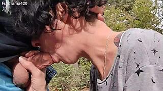wife gives blowjob in the forest, swallowing deep
