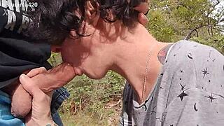 wife gives blowjob in the forest, swallowing deep