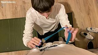 Skinny short hair brunette girl kneels for ball licking blowjob! She takes homemade facial cumshot like a pretty pro!