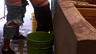 Cousin's rough anal leaves cum in gaping asshole while washing